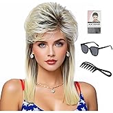 ByouByou Mullet Wigs for Women Curly Synthetic Heat Resistant Shoulder Length Hair 80s Rocker Cosplay Wigs (Blonde Mixed Black)