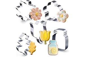 Kukifun 5Pack Flower Cookie Cutters, Daisy Tulip Oak Leaf and Mason Jar Biscuit Cutter Mold for DIY Muffins Sandwiches Fondan