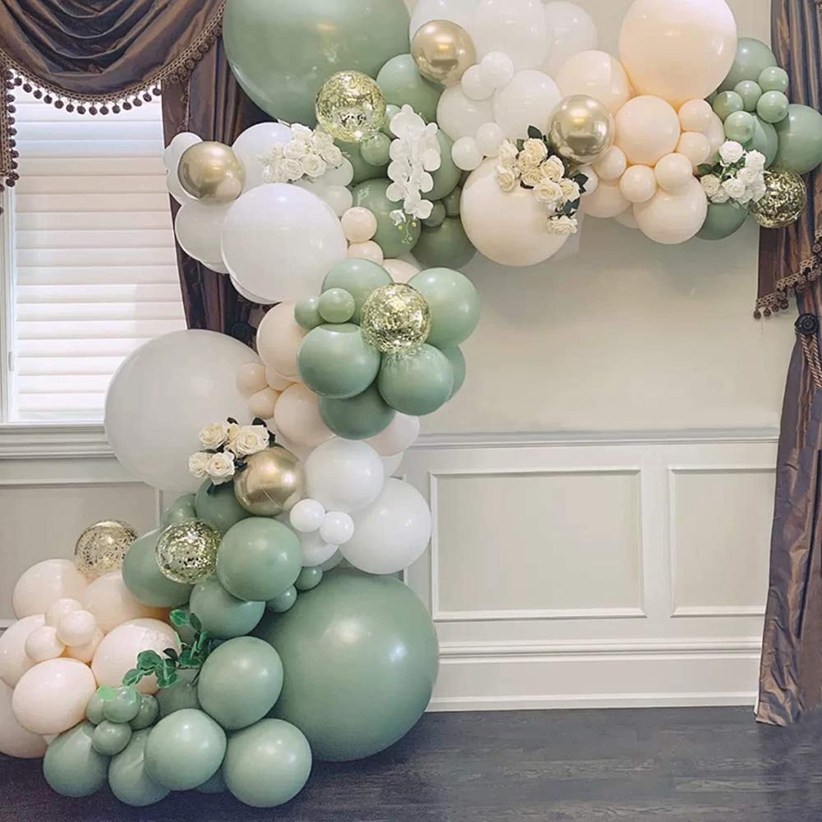 QIFU Green and White Balloon Arch Kit-108pcs White and Green Balloons Garland with Sage Green Cream Balloon Gold Confetti Balloons for Gender Reveal Baby Shower Birthday Decoration Engagement Wedding