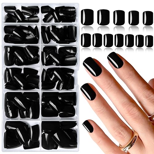 EternalClassic Black Press on Nails Short Square Fake Nails, Full Cover Acrylic Nails Press ons Glossy False Nails Kit,240pcs Stick on Nails for Women