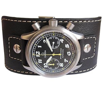 EULIT Germany 20mm Wide Black Riveted Cuff Buffalo-Grain Leather Mens Watch Strap