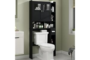 Vabches Over The Toilet Storage Cabinet, Bathroom Shelf Over Toilet with Glass Doors and Adjustable Shelves, Black Freestanding Home Space Save Toilet Rack, for Restroom, Bathroom, Laundry