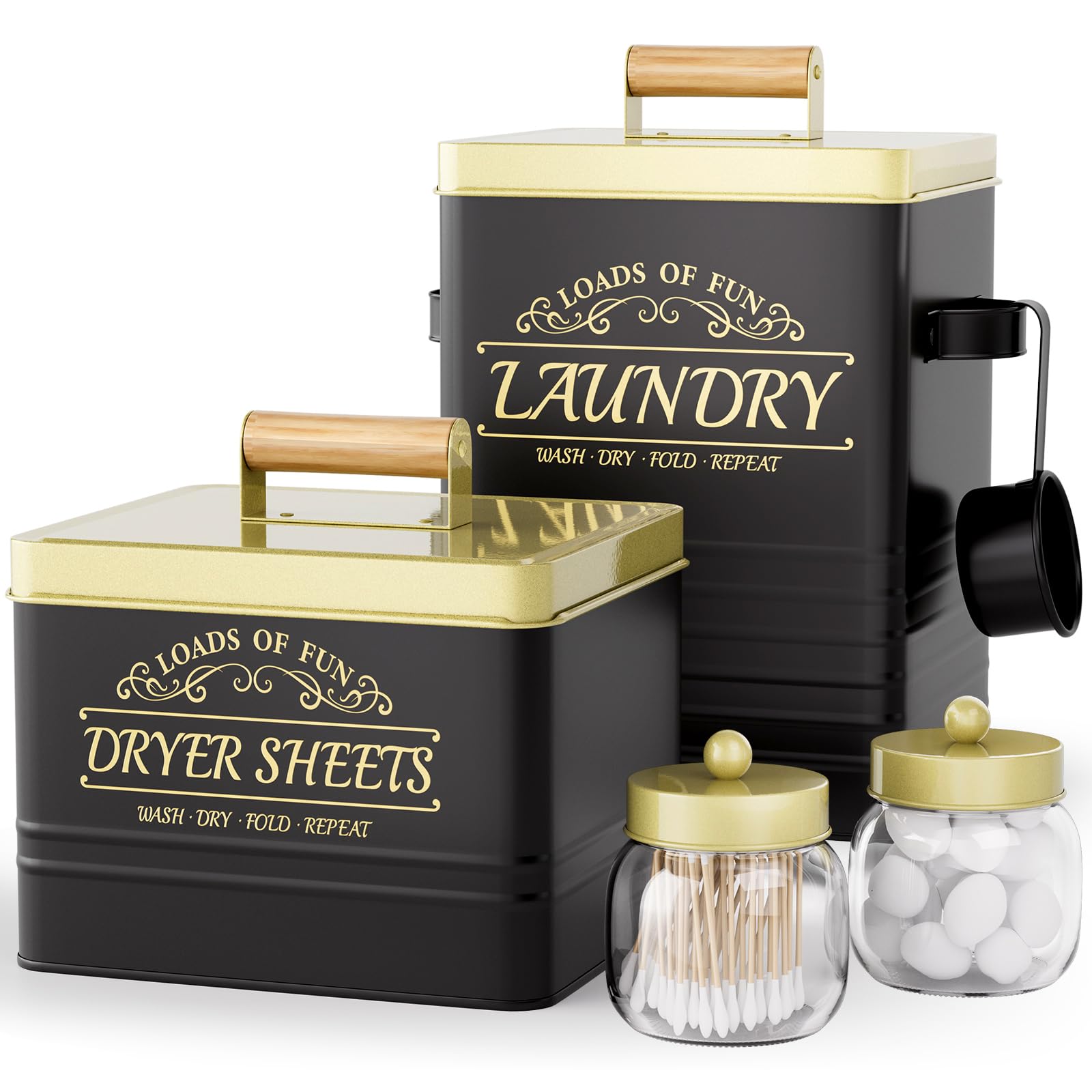 Photo 1 of Metal Laundry Pods Container, Dryer Sheet Holder, 2PC Glass Qtips Mason Jars for Laundry Room Organization and Storage, Black Farmhouse Decor, Laundry Powder Container with Scoop, Space Saving