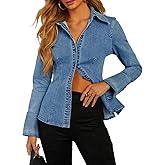 EZAPINE Denim Shirt Tops for Women Button Down Slim Fitted Long Sleeve V Neck Lightweight Jean Jackets