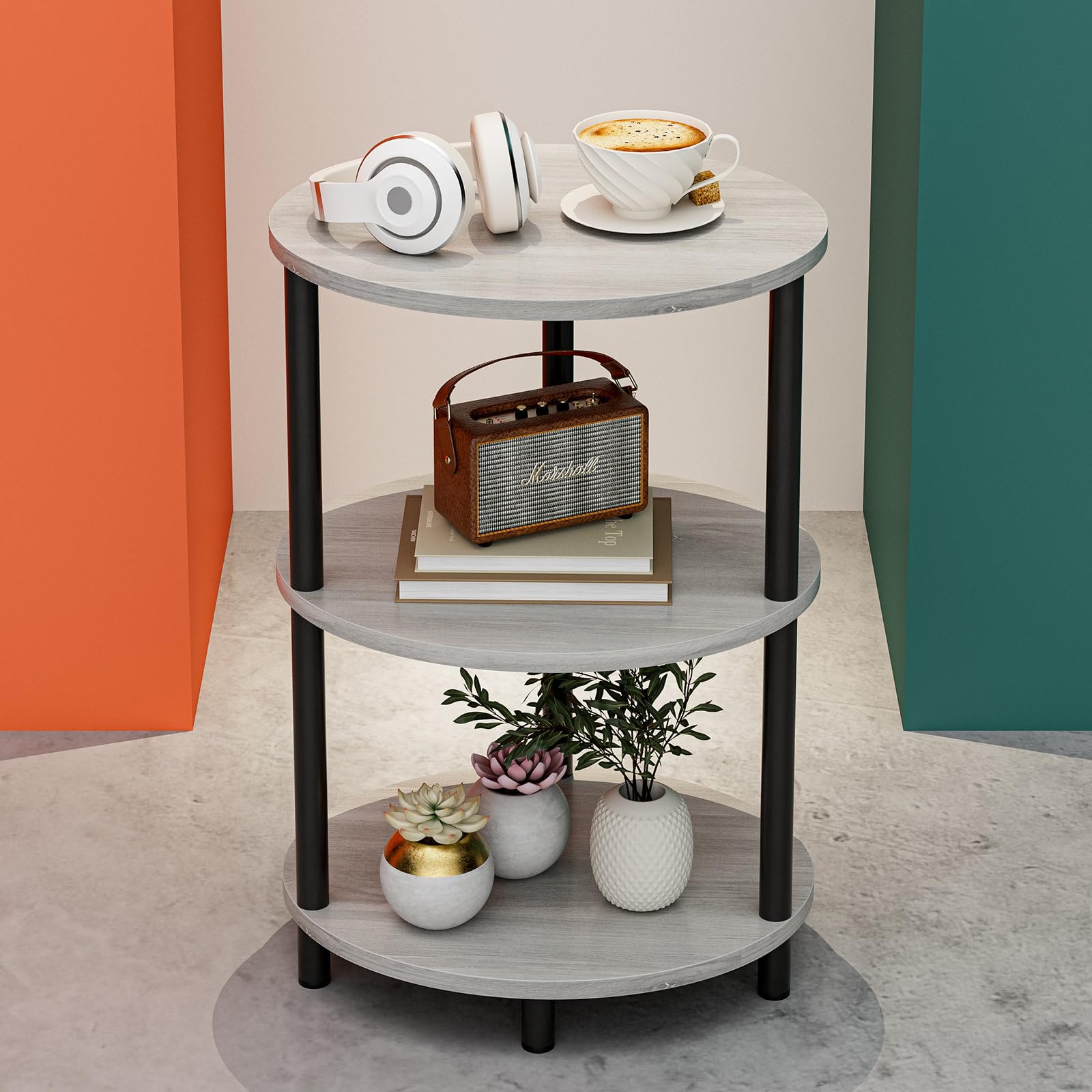 Photo 1 of RISWER Small Round Side Table - 3-Tier Oval Accent Table for Small Spaces, Rustic Wood and Metal Couch End Table, Nightstand for Bedroom or End Table Living Room, Easy to Assemble, Greige