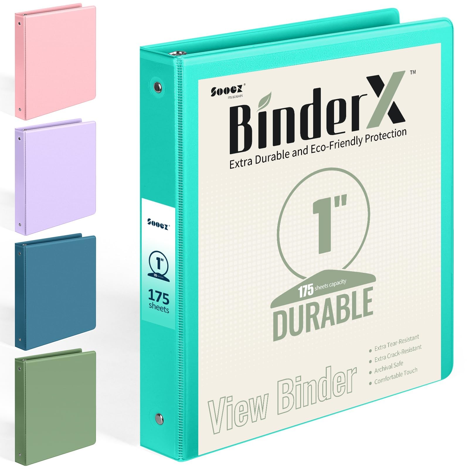 Photo 1 of BinderX Extra Durable 3 Ring Binder, Round Rings 1 Inch Binder, Fits 175 Sheets of 8.5x11 Paper, Customizable View Cover with Inside Pockets, Cute 1" Binders, 1 Inch Binders 3 Ring, Aqua Blue