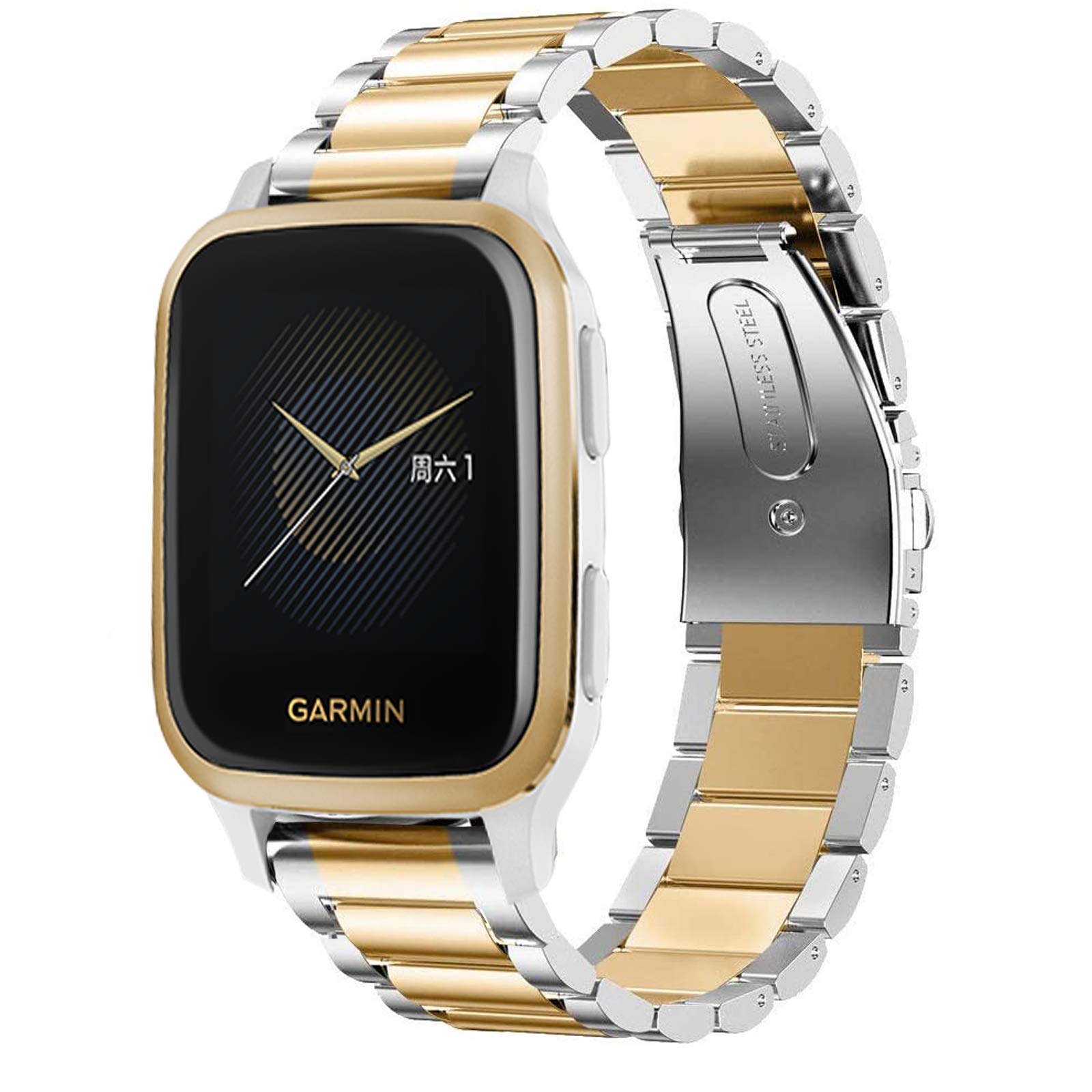 lvbu Compatible with Garmin Venu Sq Bands, Stainless Steel Metal Replacement Strap Bracelet Compatible with Garmin Venu Sq Smartwatch (Silver-Golden)