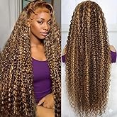 Harmsh 30inch Highlight Ombre Lace Front Wig Human Hair Deep Wave 13x6 HD Honey Blonde Lace Frontal Wigs P4/27 Curly Human Hair Wig Glueless Wigs Human Hair