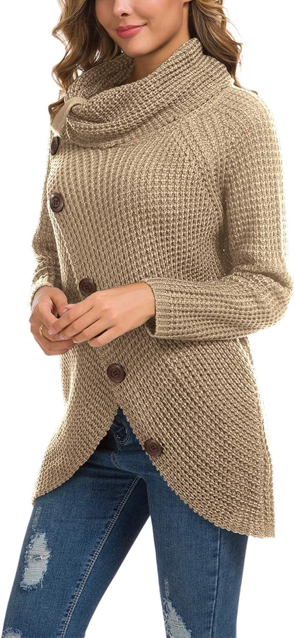 GRECERELLE Women's Casual Turtle Cowl Neck Asymmetric Hem Wrap Pullover Chunky Button Knit Sweater at  Women’s Clothing store
