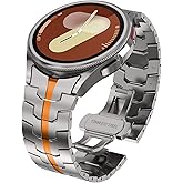 WINGLE Metal Bands for Samsung Galaxy Watch 7 6 5 4 Band Galaxy Watch 6 Classic/5 Pro/4 Classic/FE Band Men 47mm 43mm 45mm 44mm 40mm 46mm 42mm No Gap Solid Stainless Steel Link, Titanium/Orange