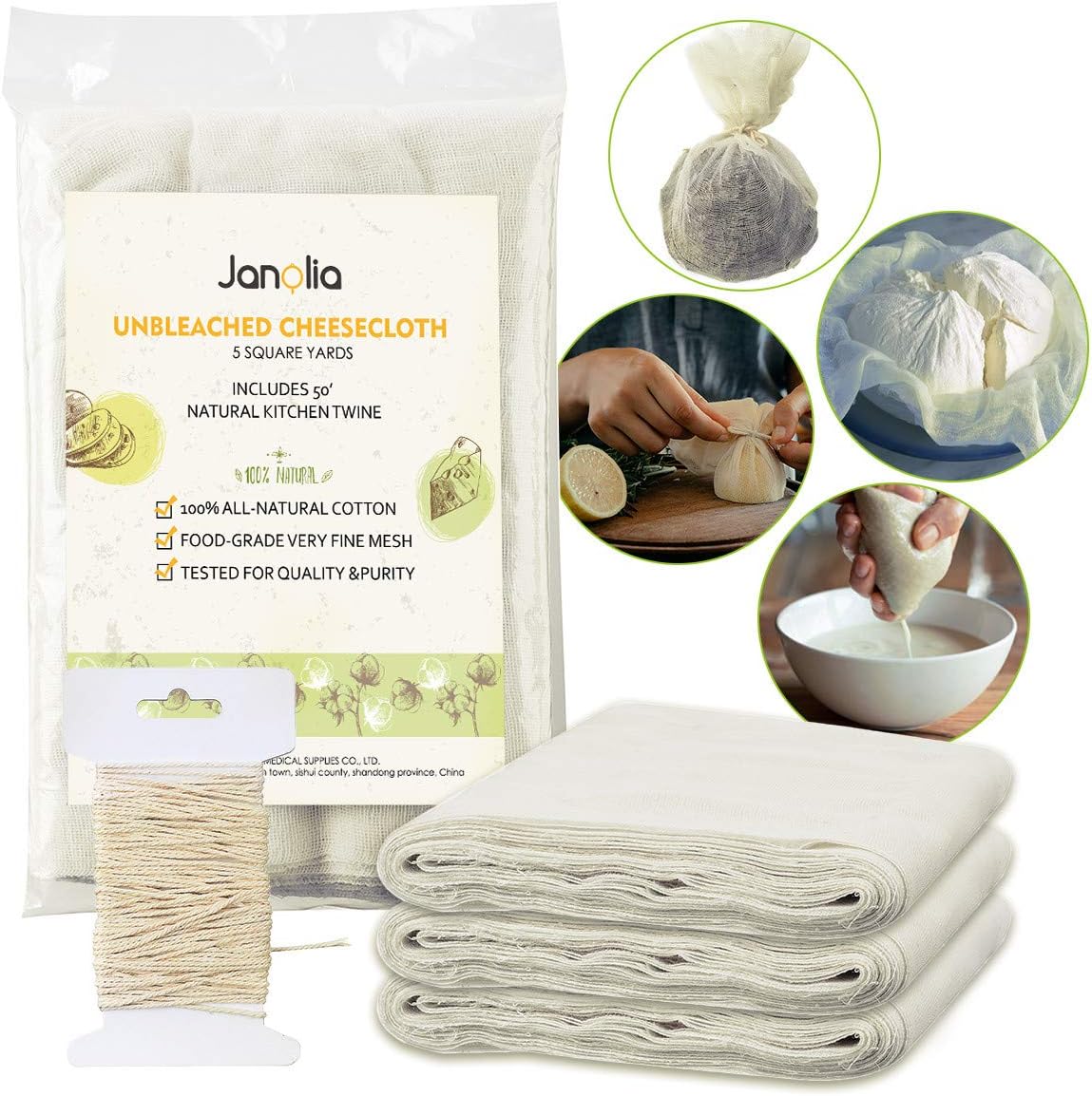 Janolia Cheesecloth, Nut Milk Bag Reusable, 45 Sq. Ft, Grade 50, with 15.2m Twine, Natural Material Fabric Filter Cloth, Ultra Fine Mesh Muslin for Steaming Food, Dry Food Storage, Food Straining