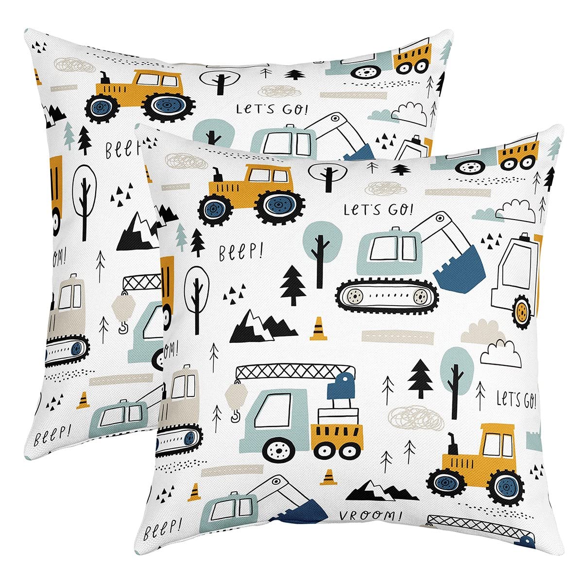 Loussiesd Construction Throw Pillow Covers for Sofa Bed Set of 2 Cartoon Equipment Trucks Decorative Pillows Cushion Covers Car Excavator Tractor Vehicles White Pillow Inserts Not Included 18x18 Inch