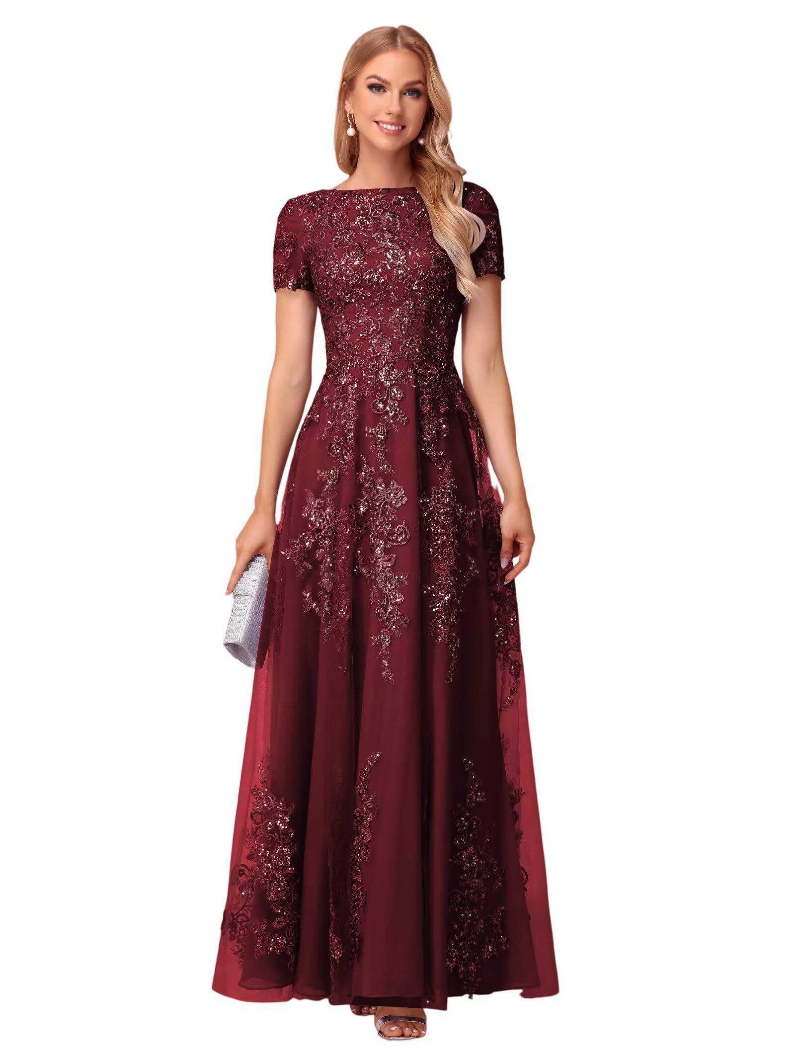 Elegant High-Low Hem Chiffon Short Sleeves Crew Neck Mother of the Bride & Groom Dresses with Lace Bodice main image 1