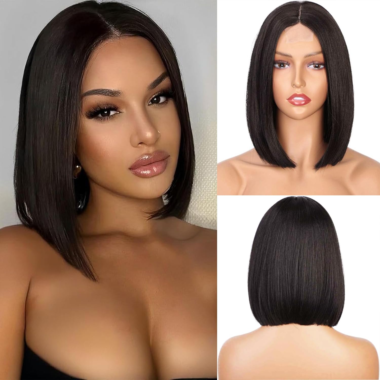 PORSMEER Short Straight Black Bob Wigs for Women Natural Lace Middle Part Synthetic Hair 150% High Density Glueless Wig Heat Resistant Fiber