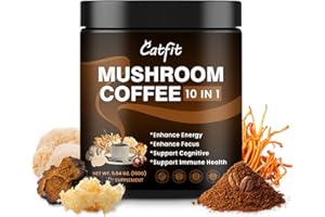 CATFIT Mushroom Coffee,10 Adaptogenic Mushrooms and MCT Oil, Hydrolyzed Collagen, Instant Coffee with Lion's Mane, Chaga, Cordyceps, L-Theanine for Energy, Focus, Digestion and Immunity, 50 Serving