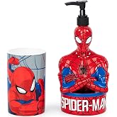 Jay Franco Marvel Spiderman 2 Piece Set - Red &amp; Blue Soap Dispenser &amp; Tumbler Set - Kids Resin Superhero Bathroom Accessories