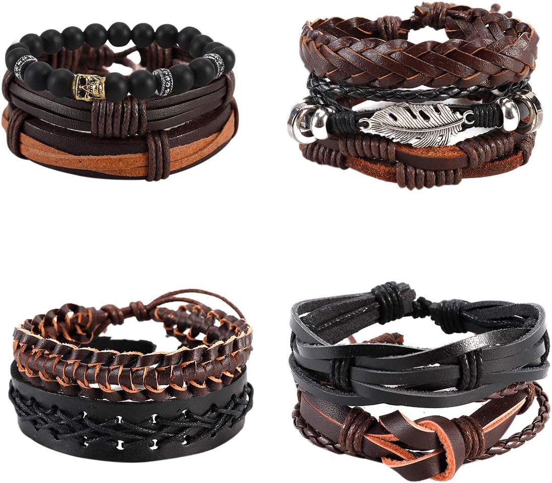 10PCS Braided Leather Bracelets for Men Women Punk Rope Bracelet Cuff Vintage Bracelets Wrap Set Handmade, Adjustable