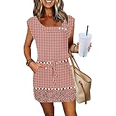 SAUKOLE Womens Summer Dress Casual Cap Sleeve Square Neck Buttons Short Dress with Pockets Loose Drawstring Waist Dresses