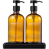 Janxin Glass Kitchen Soap Dispenser Set with Ceramic Tray,16.9 floz Hand and Dish Soap Dispenser for Kitchen and Bathroom Decor (Amber Bottles + Black Pumps)