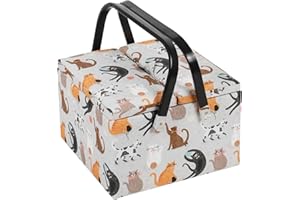Hobby Gift Large Sewing Box - Twin Lid Craft & Hobby Storage, Accessories Tray Pin Cushion Pockets PVC Handles, 9.8 x 9.8 x 6.7 - Cats