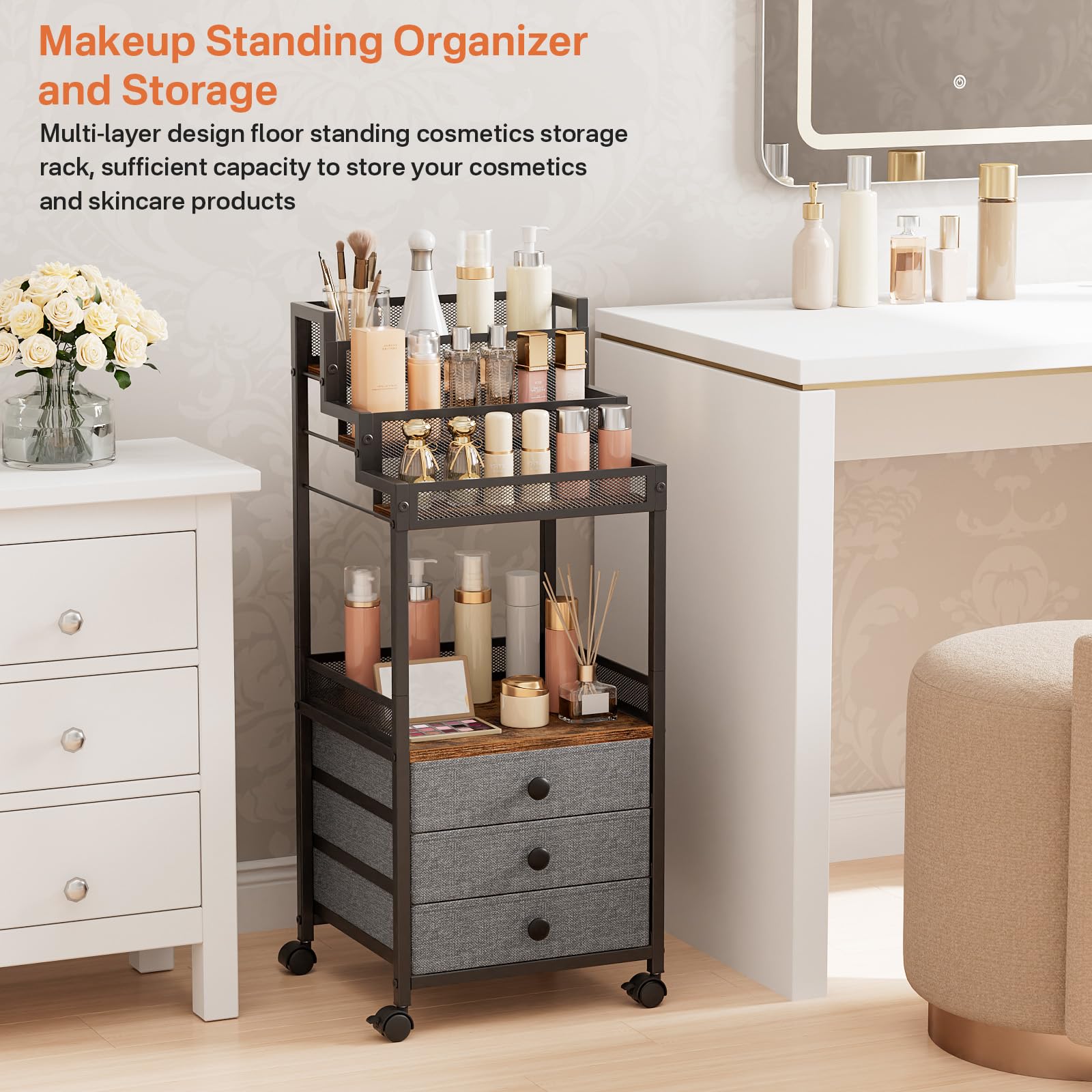 FURFUN Display Riser Stand Perfume Cologne Organizer, Rolling Makeup Storage Cart with Fabric Drawers, Floor Vanity Cosmetics Display Cases for Skin Care Nail Polish Figures Rustic Brown Ladder Stand