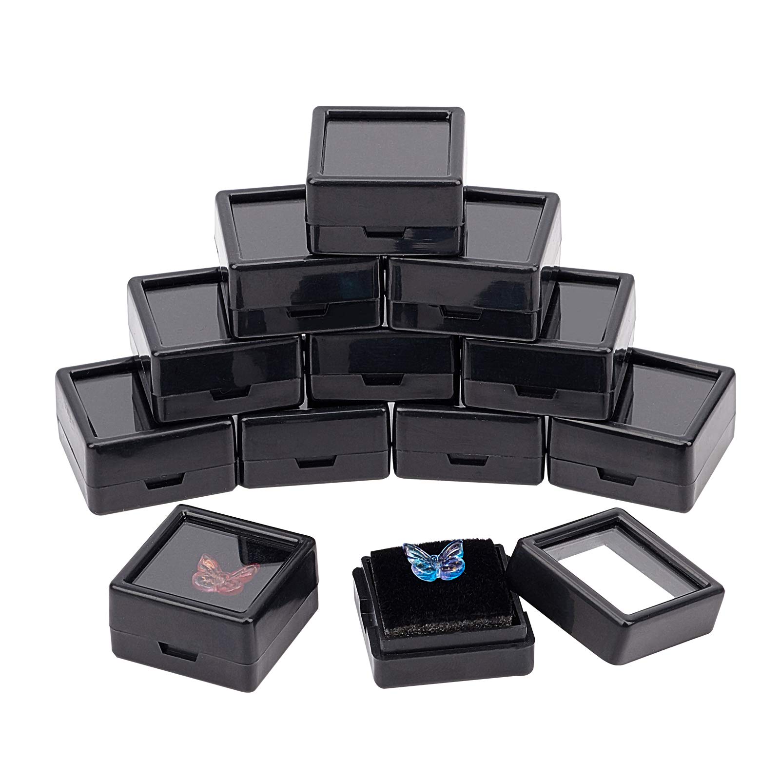 BENECREAT 36PCS Black Gemstone Display Box Square Acrylic Jewelry Box Container(3x3x1.65cm) with Clear Top Lids and Sponge Inside for Gems, Coins，Jewelry Packing
