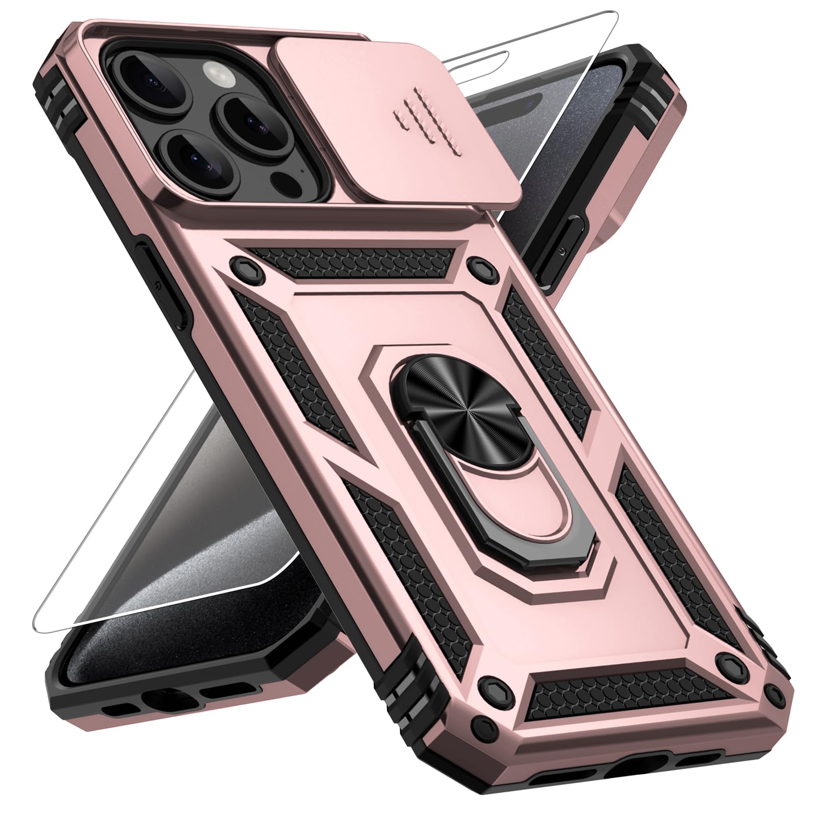 Vinve for iPhone 15 Pro Max Case, Slide Lens Cover, HD Screen Protector, Military Grade Drop Protection, Magnetic Rotated Ring Holder Kickstand Protective Phone Case (Rose Gold)