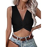 Vrtige Women's V Neck Twist Front Ribbed Knit Sleeveless Sexy Crop Top Cami Tank