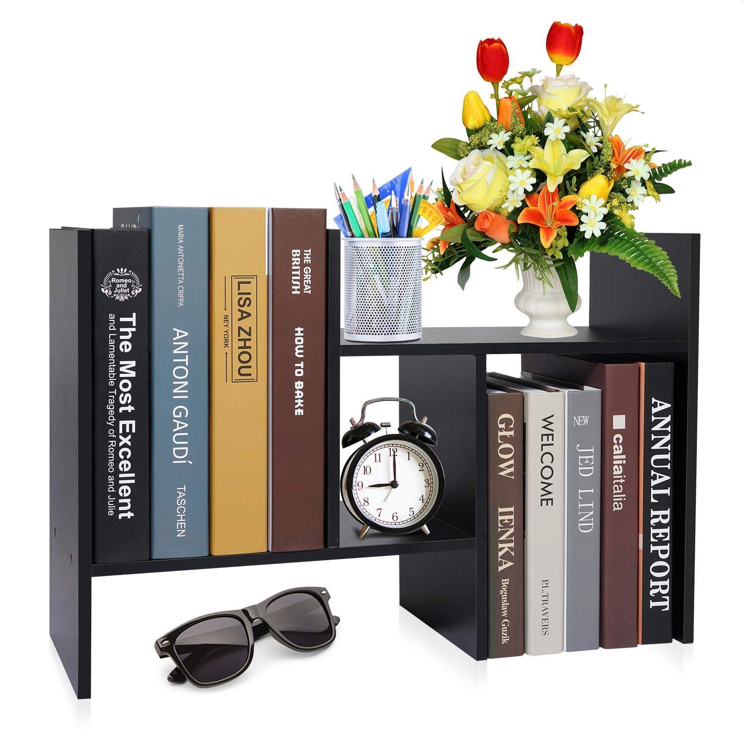 zixijiaju Desktop Storage Organizer Display Shelf Rack, Counter Top Bookcase, Adjustable Desktop Bookshelf, Freestanding Bookcase DIY Table Storage Rack, Black