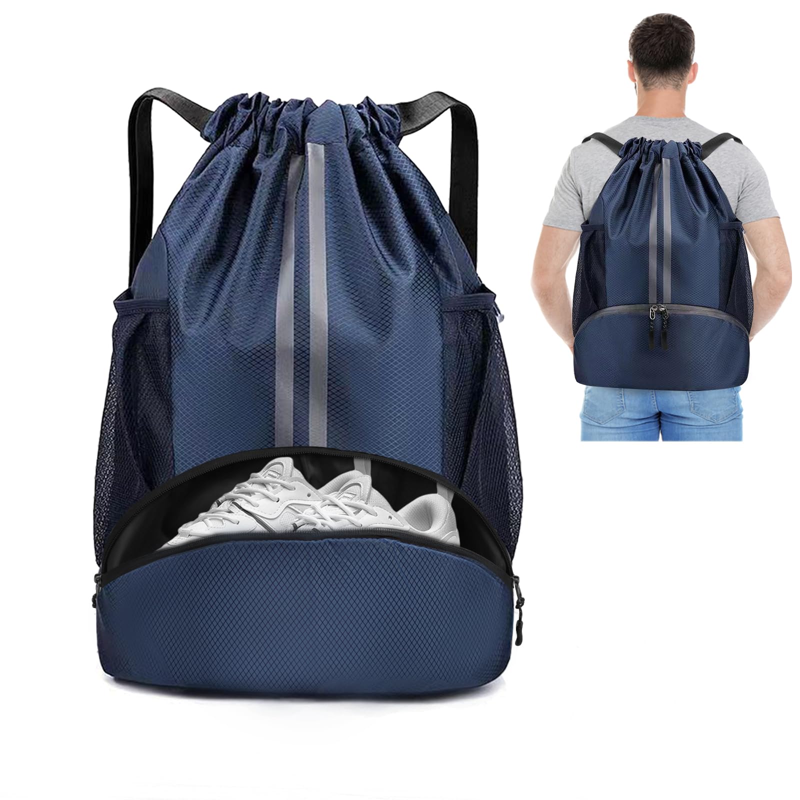 Minicoco Drawstring Backpack - Large Gym Bag Oxford Sports & Outdoor Backpack with Shoe Compartment, Waterproof for Men, Women, Travel (Navy Blue)
