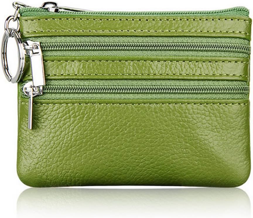 Women Men Leather Coin Purse Card Wallet Clutch Double Zipper Small Change Bag (Green)