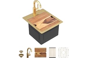 Fulorni 13"x15" Drop In Bar Prep Sink Workstation – Brushed Gold NANO-PVD, 16 Gauge 304 Stainless Steel, Single Bowl Top Mount Wet Bar RV Outdoor Kitchen Sink with Faucet