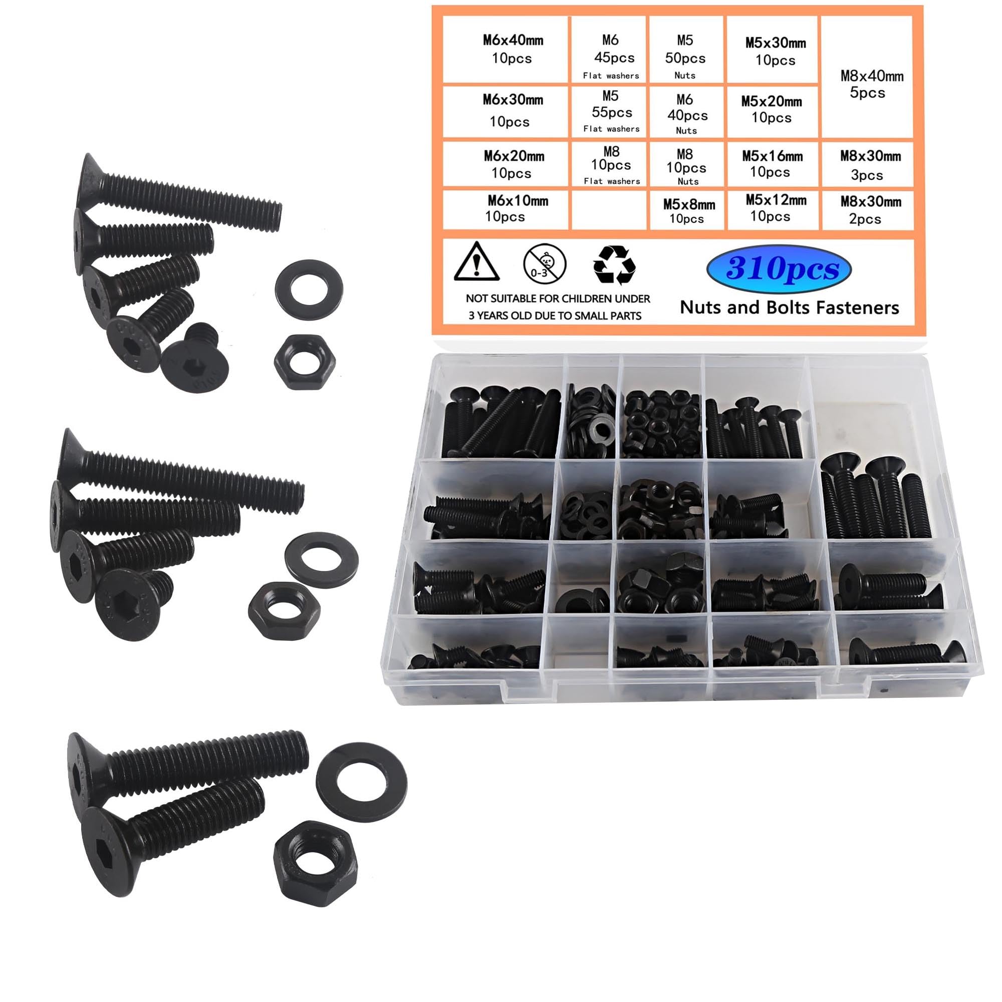 HVDHYY M5 M6 M8 Nuts and Bolts Set Black Bolt Hex Flat Head Machine Screws & Nuts & Washers Assortment kit Hex Socket With a Reusable Storage Box 3 Wrenches 310pcs