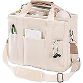 JIECH Canvas Tote Bag with Multi Pockets Crossbody Tote Bag for Women Bible Handbag Everything Tote Bags with Compartments