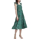 Ladyful Women's Floral Midi Dress Smocked Square Neck Boho Sleeveless Ruffle Strap Beach A-Line Flowy Sundress