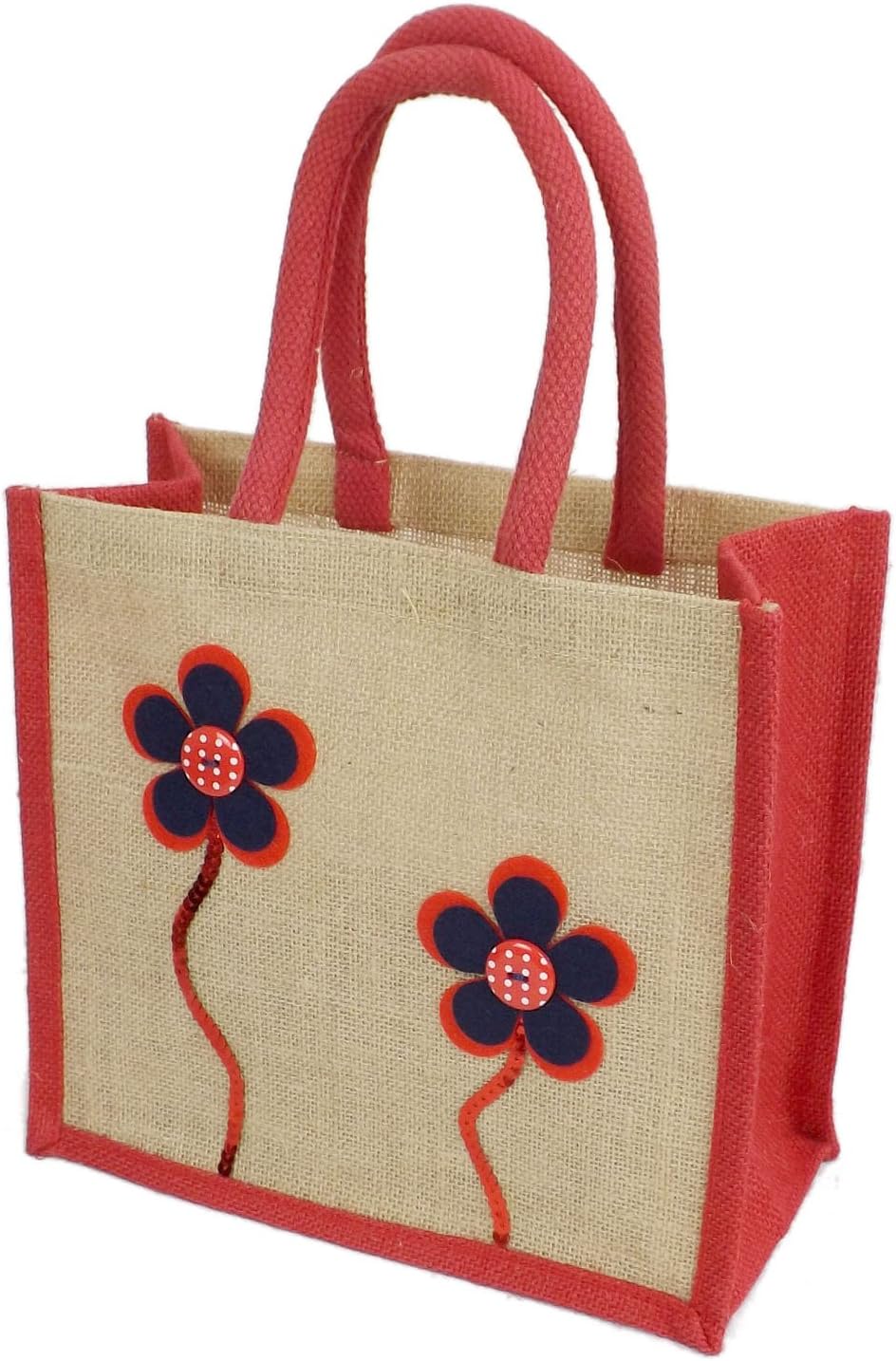 Jute Hessian Lunch Gift Bag - Flower Design- Red