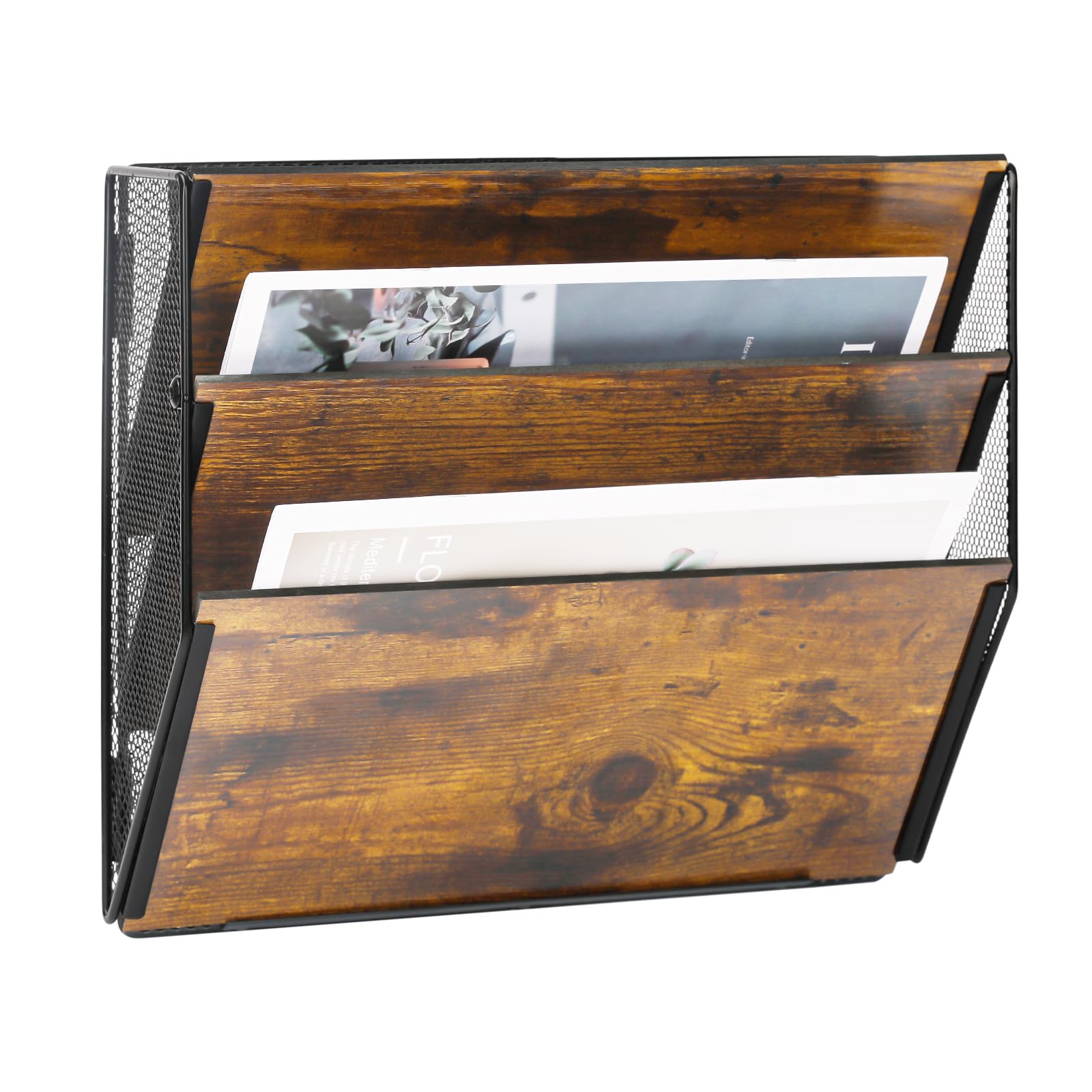 TQVAI 3 Pockets Wall File Organiser Wood Magazine File Holder A4 Paper Document Storage Desk Accessories Stationery Supplies for Office Home School, Black/Antique