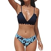 CUPSHE Women's Bikini Swimsuit Scalloped V Neck Lace Up Low Waisted Bathing Suit