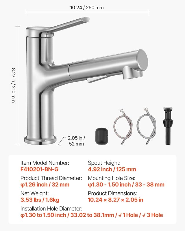 Grifo de Lavabo en Níquel Cepillado y Acero Inoxidable, Grifo de Cocina con Rociador Extraíble, Mezclador Monomando para Baño, Caravana, Bar, Resistente a la Corrosión, 260 x 210 x 52 mm