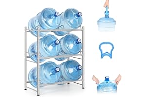 SEHERTIWY 5 Gallon Water Bottle Holder, 3 Tier Water Jug Rack, Water Cooler Jug Rack for 5 Gal Water Bottle,Water Jug Dispenser Stand,Heavy Duty 5 Gallon Water Jug Stand for 6 Bottles with Lifter(3 Tier,Silver)
