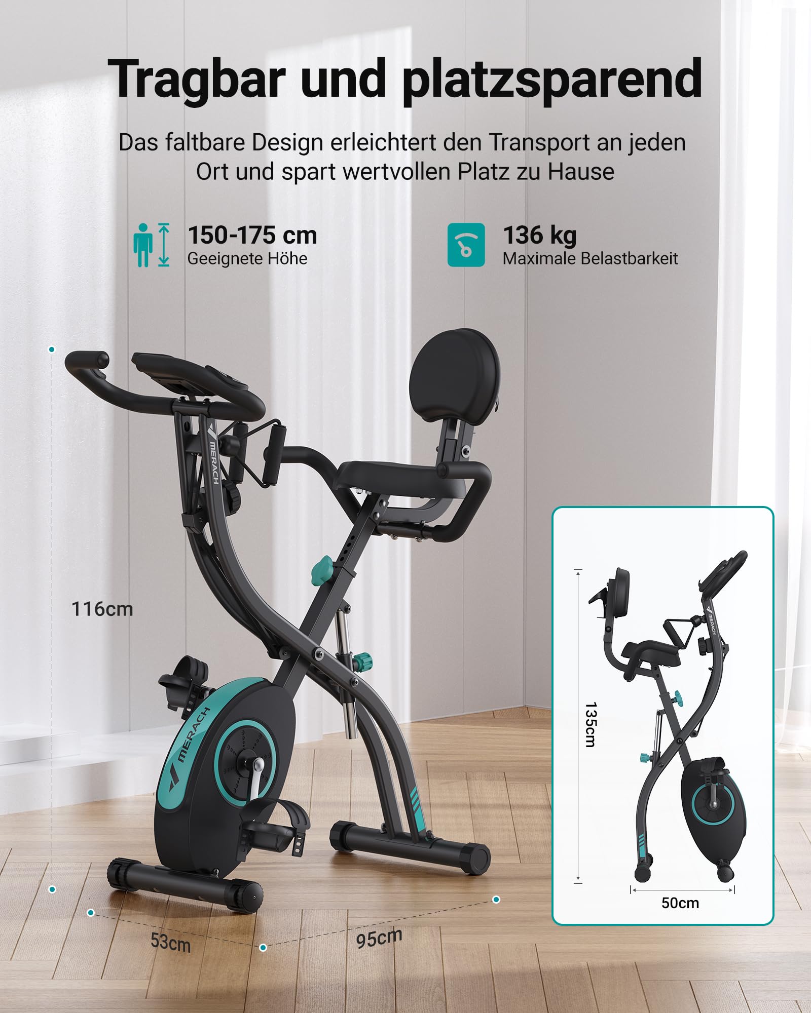 MERACH 4-in-1 Heimtrainer Klappbar, Hometrainer Fahrrad mit LCD Monitor und Handpulsmessung, Magnetisches Ergometer Fitnessbikes mit Bequemem Sitzkissen, 16-Stufiger Magnetwiderstand, Platzsparend 7