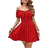Floerns Women's Off Shoulder Puff Sleeve A Line Dresses Frill Trim Milkmaid Dress