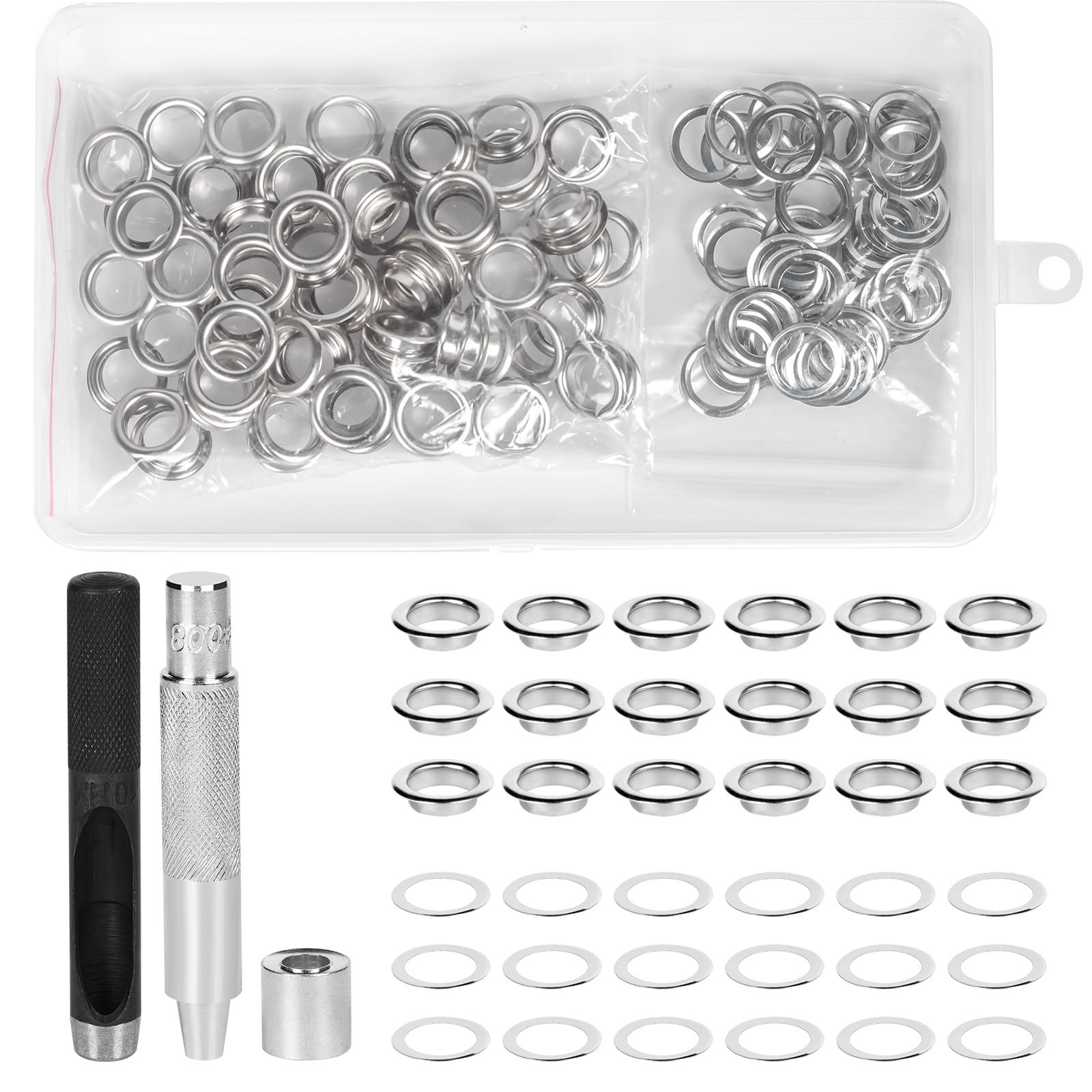 Grommet Kit, 100 Sets 10MM/0.4In Eyelet Punch Kit, Fabric Hole Punch, Metal Grommet Tool Kit with 3 Tool for Fabric Leather Shoes Bag Canvas Belt DIY Crafts