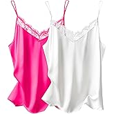 Ekouaer Women's Satin Camisole Lace Silk Satin Pajama Tank Tops V Neck Soft Spaghetti Strap Loose Sleepwear