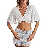 SweatyRocks Women's V Neck Crop Tops Twist Front Short Sleeve Shirts Vacation Beach Blouses