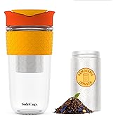 SoleCup. Large Travel Mug Loose Tea Infuser - Detachable Tea Strainer with Spill Proof Lid - 18oz/530ml BPA-Free Reusable Glass Travel Coffee Cup with Silicone Band (Red, 18oz)