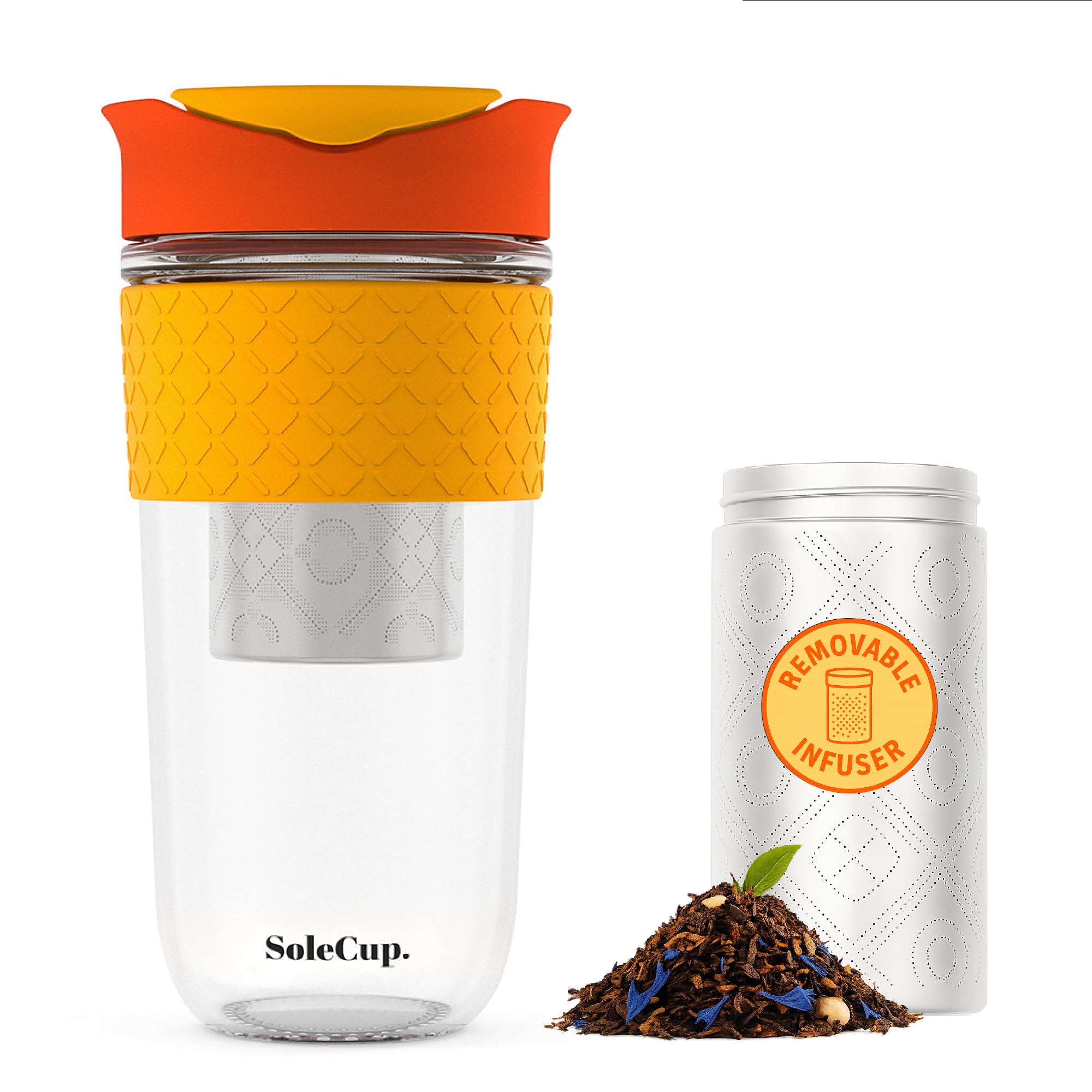 SoleCup. Large Travel Mug Loose Tea Infuser - Detachable Tea Strainer with Spill Proof Lid - 18oz/530ml BPA-Free Reusable Glass Travel Coffee Cup with Silicone Band (Red, 530ml / 18oz)