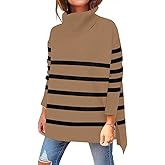 OU MgCE FAST FASHION Women's Turtleneck Oversized Sweaters Long Sleeve Split Hem Striped Knit Pullover Tops
