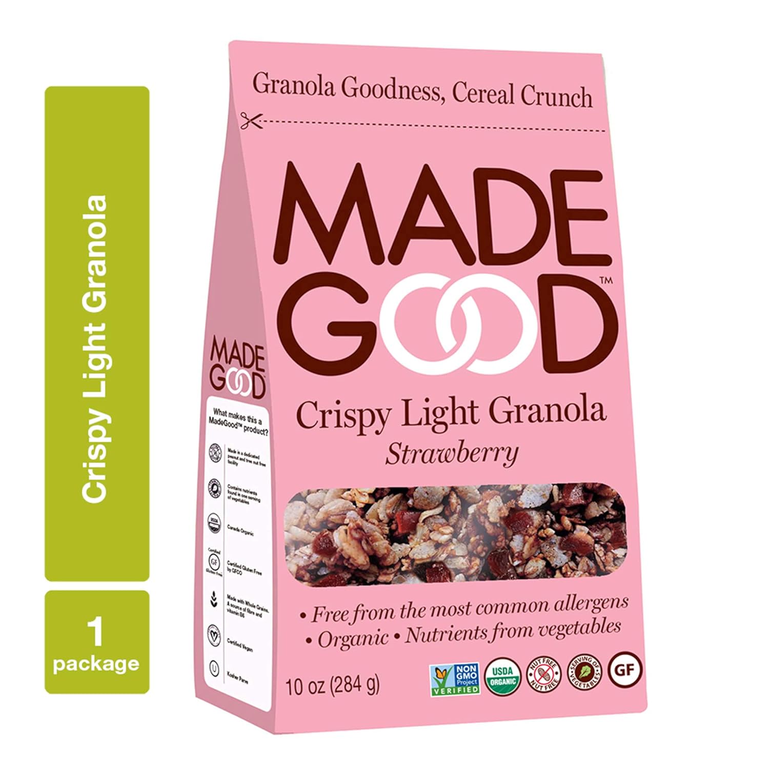 MadeGood Strawberry Crispy Light Granola [Gluten-Free Oats and Sweet, Juicy Strawberries; Contains Nutrients of One Serving of Vegetables in Each Portion; Organic, Allergen-Free Granola Cereal]