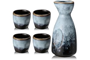 Leegg Sake Set with 1 Pot 4 Cups, 175ml Capacity, Blue, Japanese Style